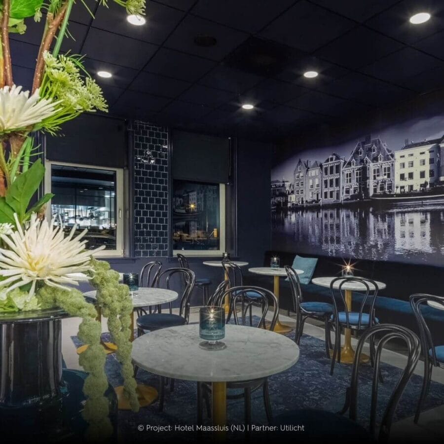 Dark restaurant with black ceiling and Profondo luminaires.