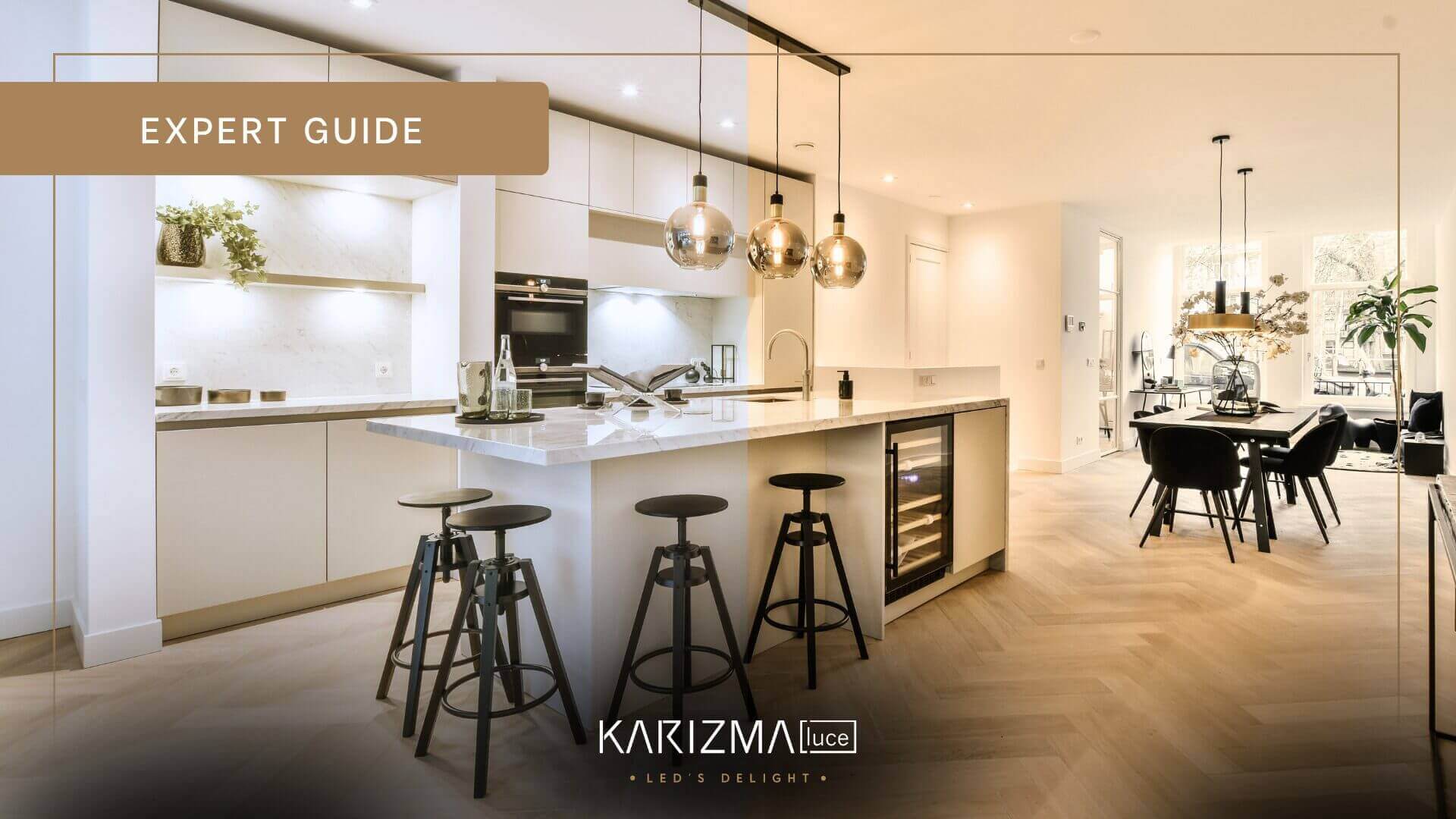 Open plan home with cool light in the kitchen and warm light in the living room