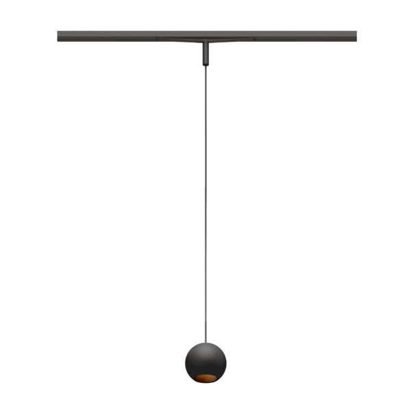 Eros XS PE 48V track pendant luminaire for Q3 48V mini track system, spherical design, black body, black glossy reflector