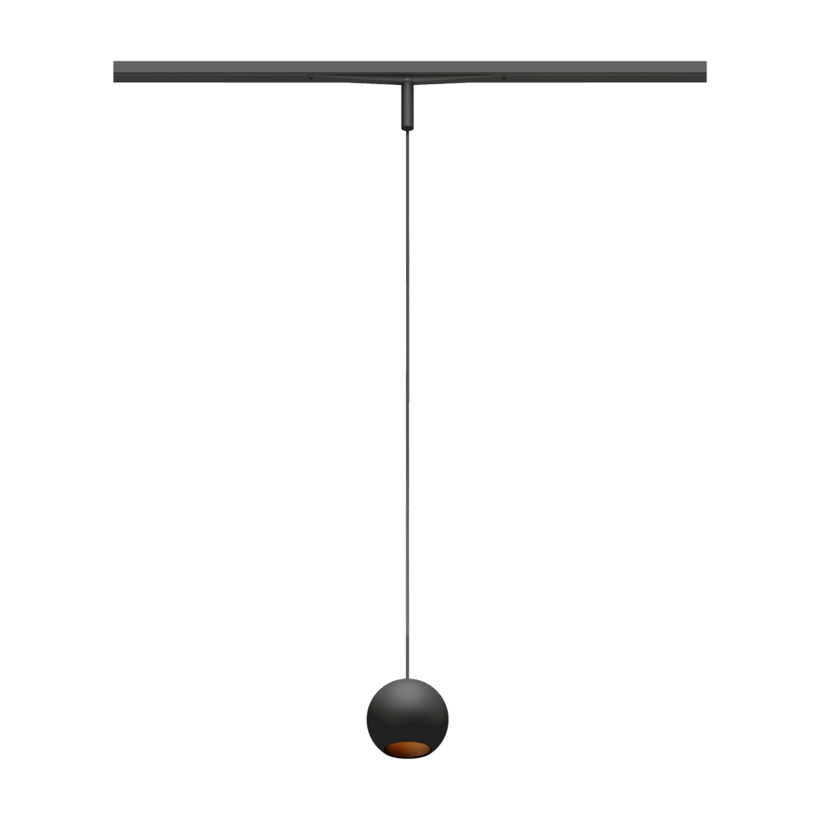 Eros XS PE 48V track pendant luminaire for Q3 48V mini track system, spherical design, black body, black glossy reflector