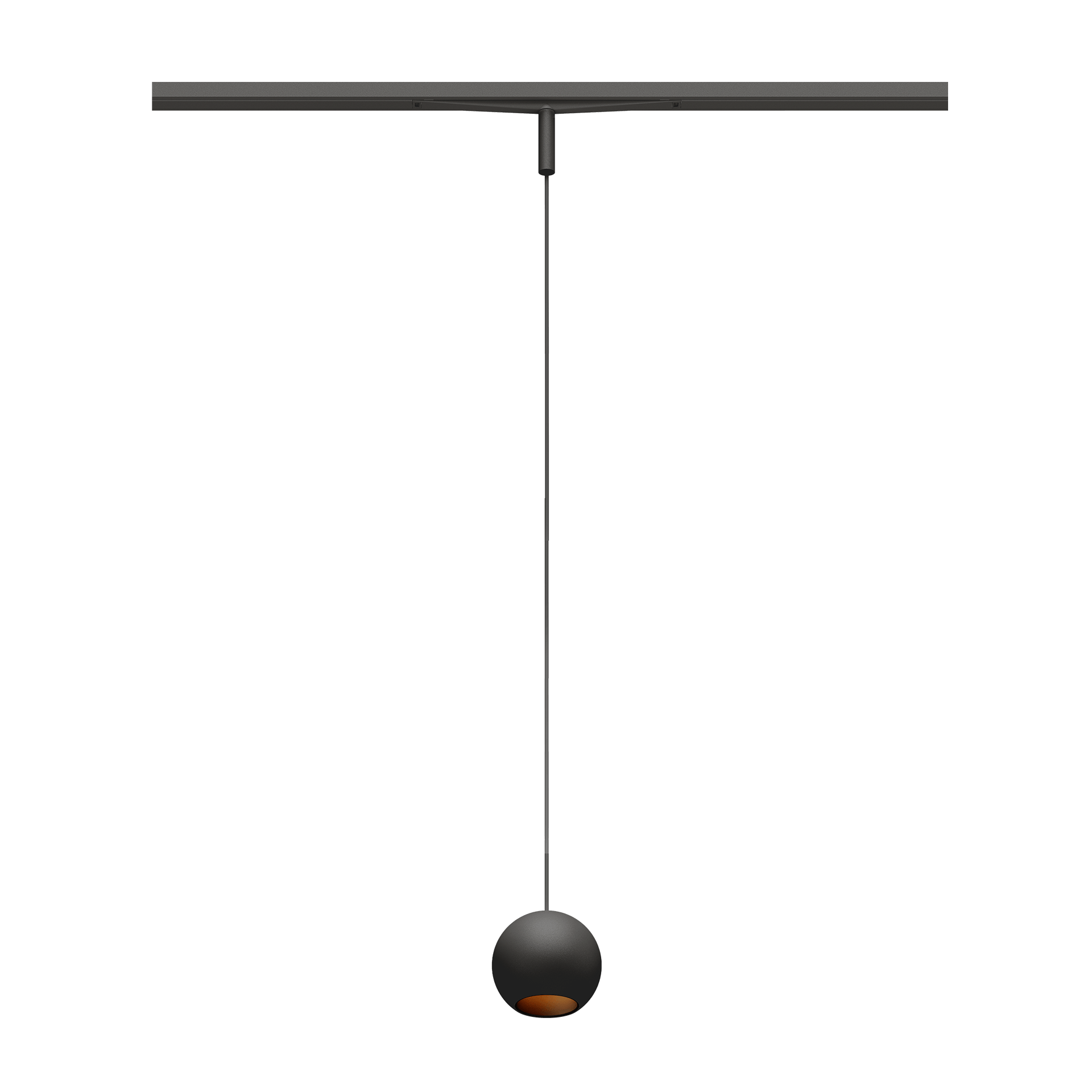 Eros XS PE 48V track pendant luminaire for Q3 48V mini track system, spherical design, black body, black glossy reflector
