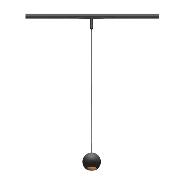 Eros XS PE 48V track pendant luminaire for Q3 48V mini track system, spherical design, black body, black matt reflector