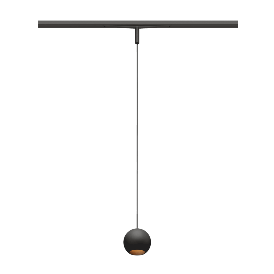 Eros XS PE 48V track pendant luminaire for Q3 48V mini track system, spherical design, black body, black matt reflector