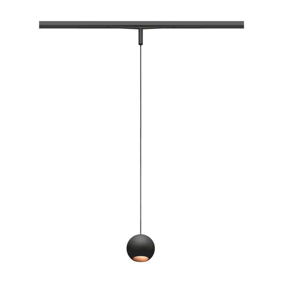 Eros XS PE 48V track pendant luminaire for Q3 48V mini track system, spherical design, black body, copper reflector