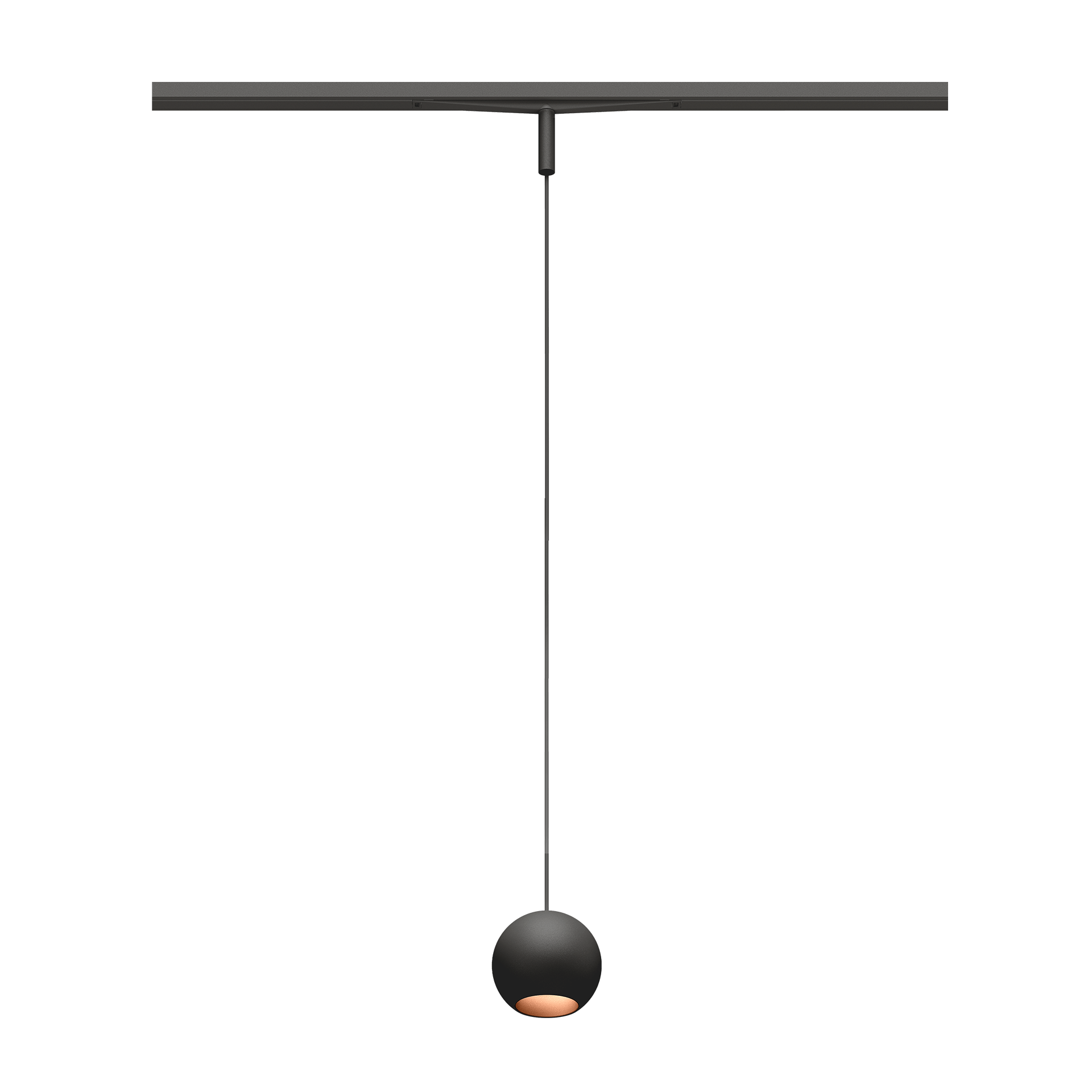 Eros XS PE 48V track pendant luminaire for Q3 48V mini track system, spherical design, black body, copper reflector