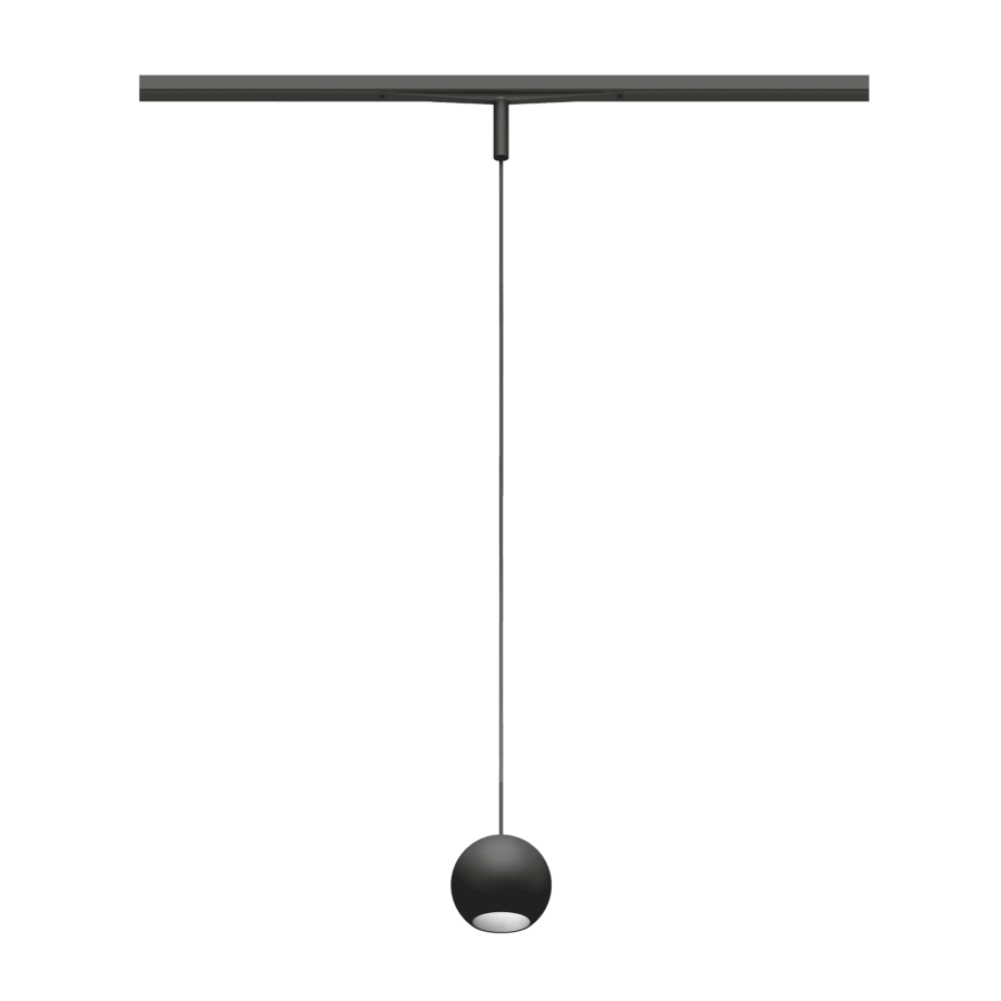 Eros XS PE 48V track pendant luminaire for Q3 48V mini track system, spherical design, black body, chrome reflector