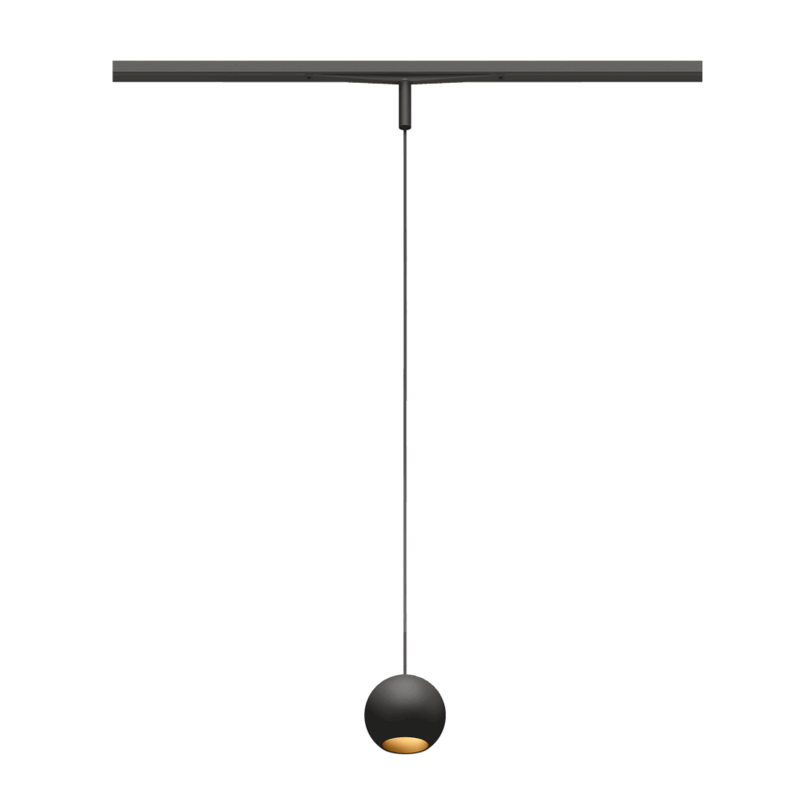 Eros XS PE 48V track pendant luminaire for Q3 48V mini track system, spherical design, black body, gold reflector