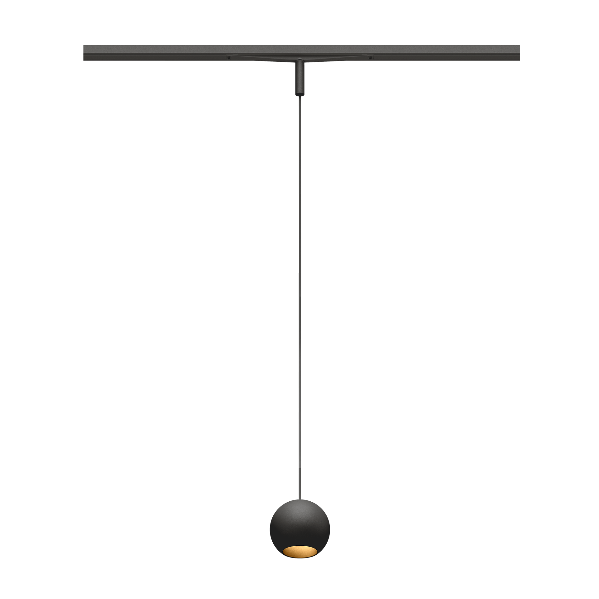 Eros XS PE 48V track pendant luminaire for Q3 48V mini track system, spherical design, black body, gold reflector