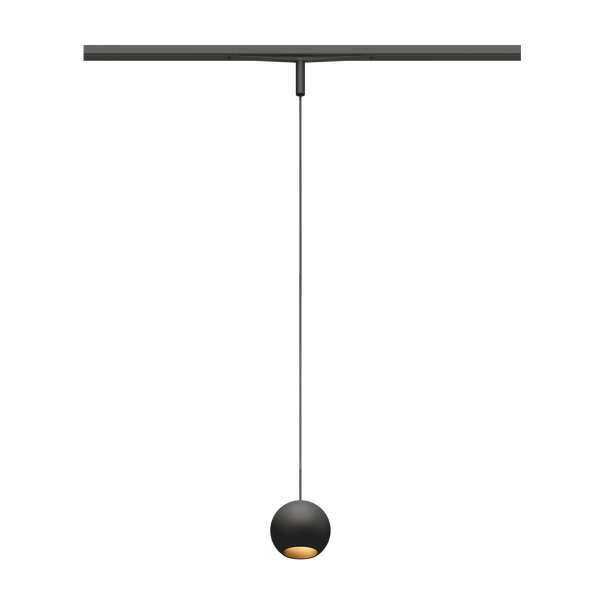 Eros XS PE 48V track pendant luminaire for Q3 48V mini track system, spherical design, black body, gold reflector