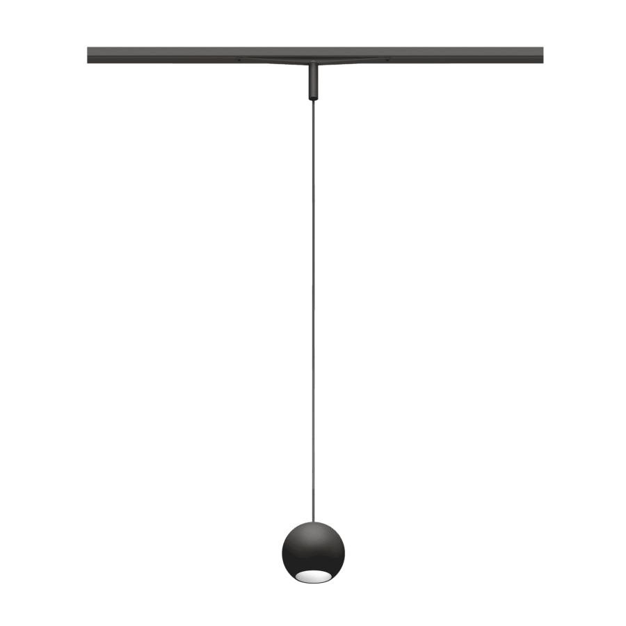 Eros XS PE 48V track pendant luminaire for Q3 48V mini track system, spherical design, black body, white reflector