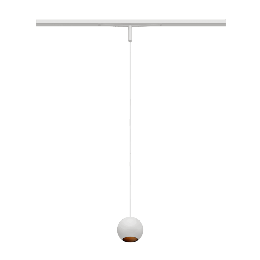 Eros XS PE 48V track pendant luminaire for Q3 48V mini track system, spherical design, white body, black glossy reflector
