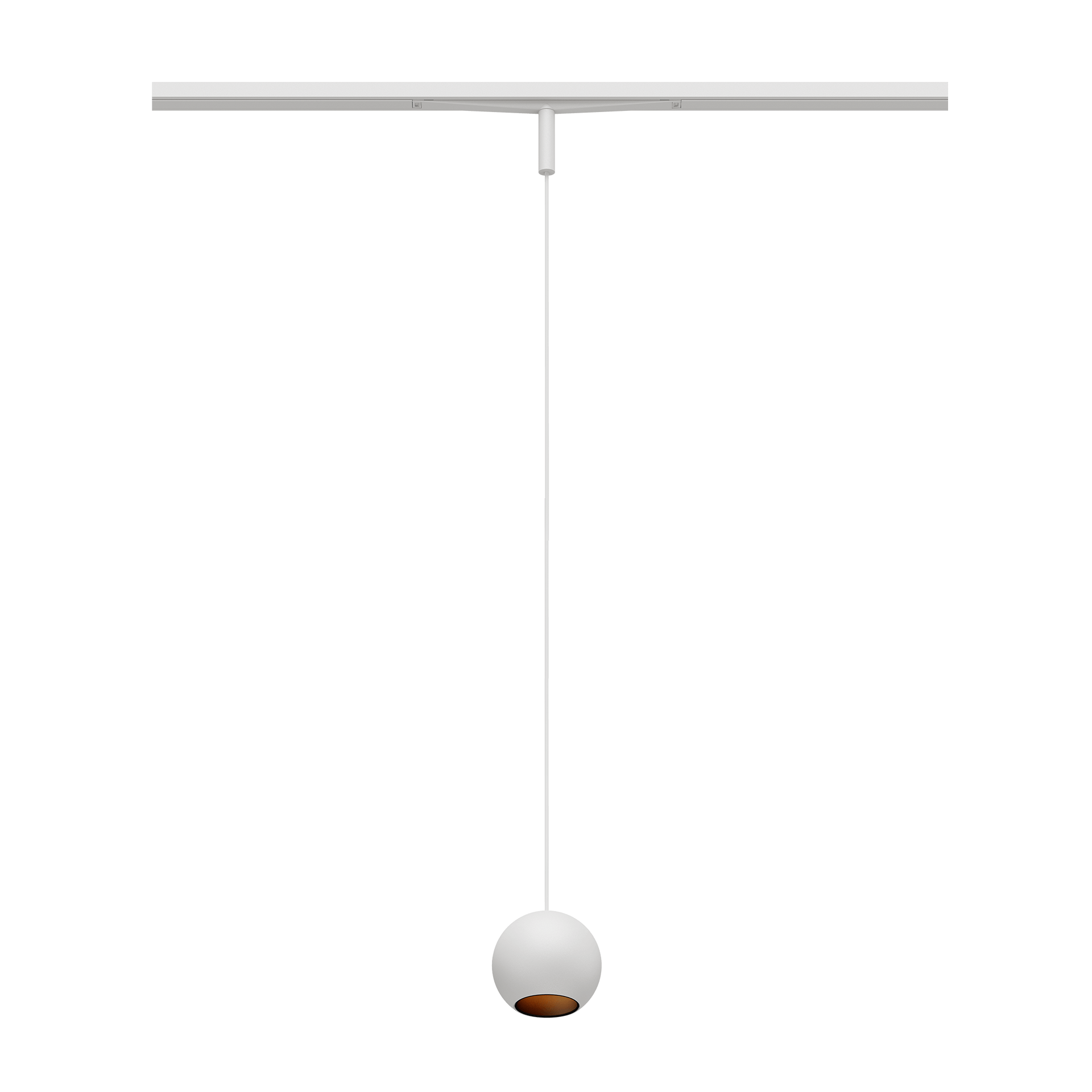 Eros XS PE 48V track pendant luminaire for Q3 48V mini track system, spherical design, white body, black glossy reflector