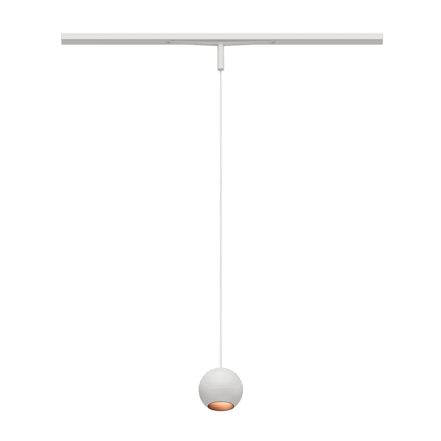 Eros XS PE 48V track pendant luminaire for Q3 48V mini track system, spherical design, white body, black matt reflector