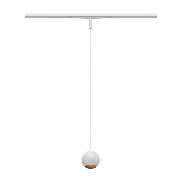 Eros XS PE 48V track pendant luminaire for Q3 48V mini track system, spherical design, white body, copper reflector