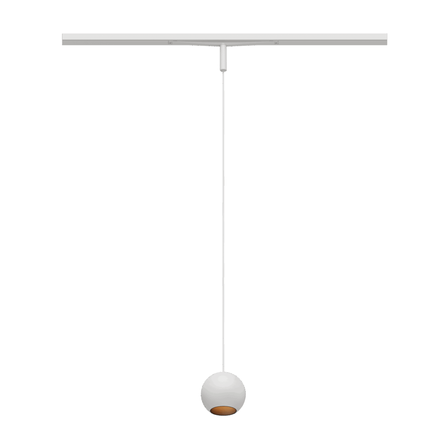 Eros XS PE 48V track pendant luminaire for Q3 48V mini track system, spherical design, white body, copper reflector