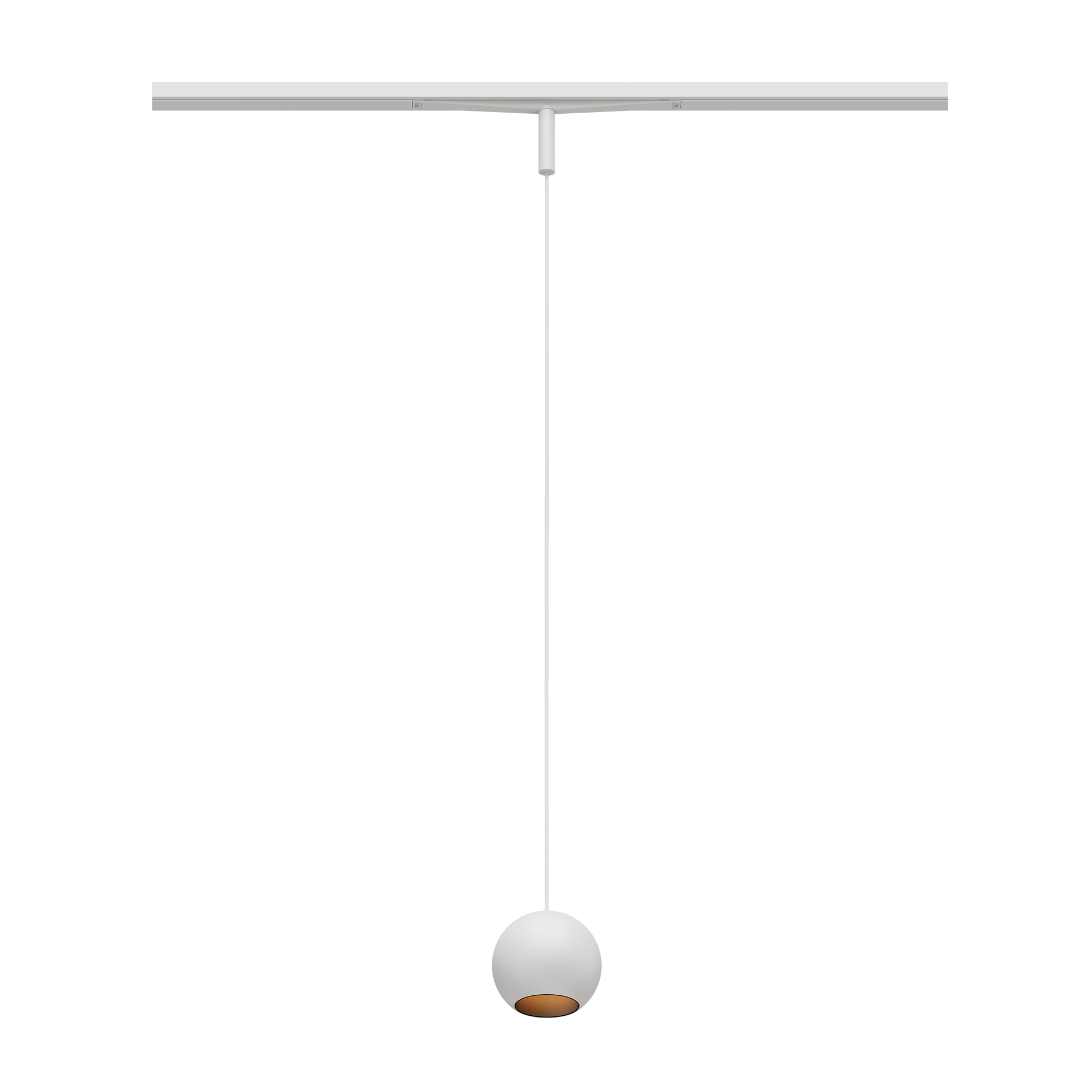 Eros XS PE 48V track pendant luminaire for Q3 48V mini track system, spherical design, white body, copper reflector