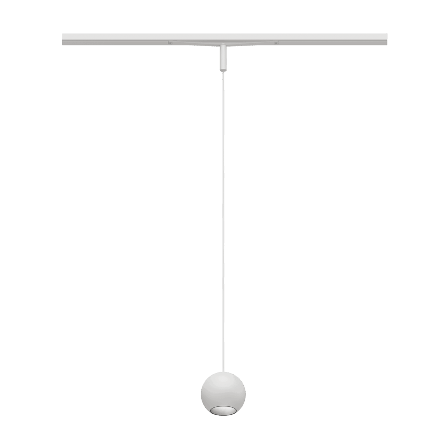 Eros XS PE 48V track pendant luminaire for Q3 48V mini track system, spherical design, white body, chrome reflector