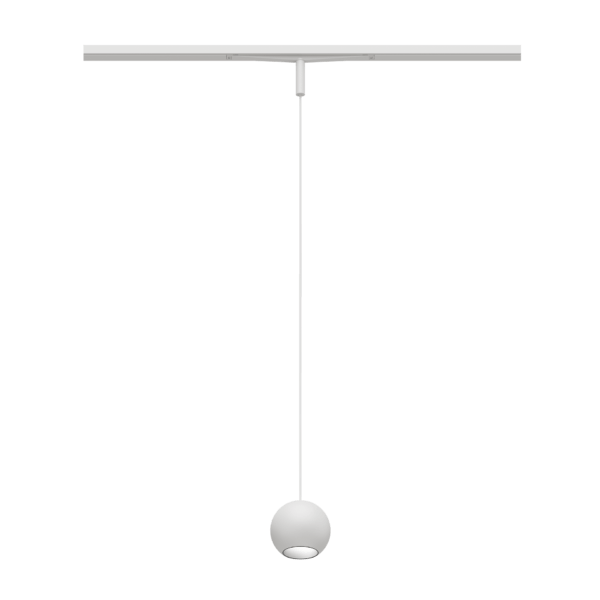 Eros XS PE 48V track pendant luminaire for Q3 48V mini track system, spherical design, white body, white reflector