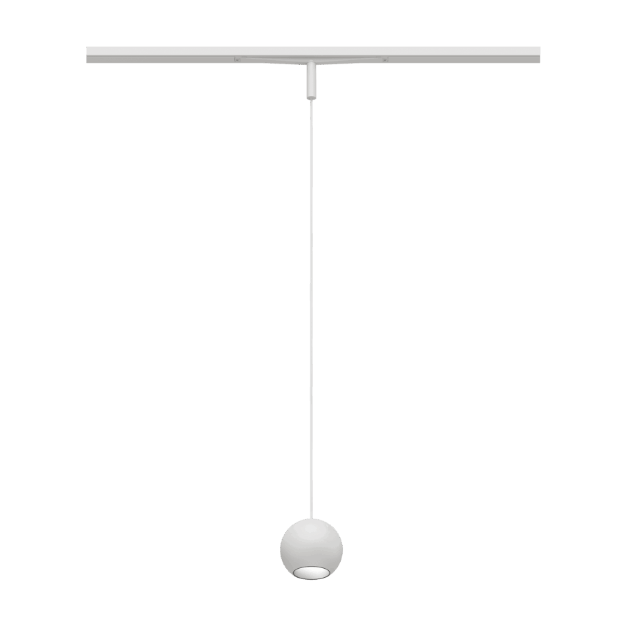 Eros XS PE 48V track pendant luminaire for Q3 48V mini track system, spherical design, white body, white reflector