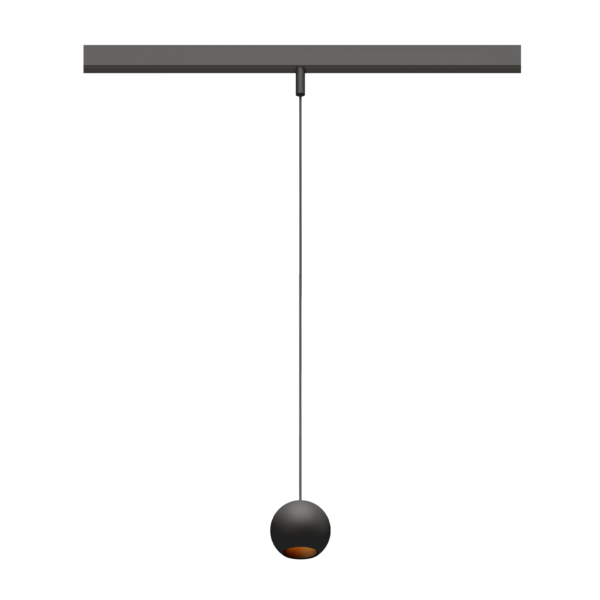 Eros XS PE 48V track pendant luminaire for Q4 48V mini track system, spherical design, black body, black glossy reflector