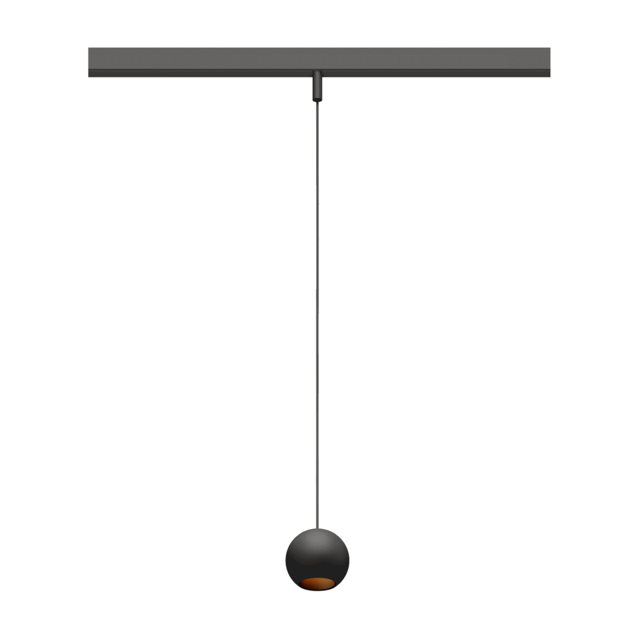 Eros XS PE 48V track pendant luminaire for Q4 48V mini track system, spherical design, black body, black glossy reflector