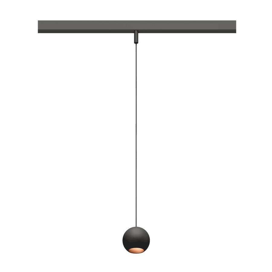 Eros XS PE 48V track pendant luminaire for Q4 48V mini track system, spherical design, black body, copper reflector
