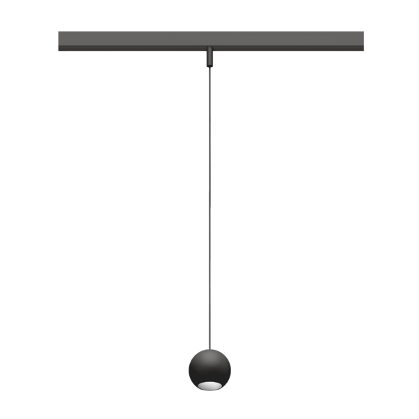 Eros XS PE 48V track pendant luminaire for Q4 48V mini track system, spherical design, black body, chrome reflector