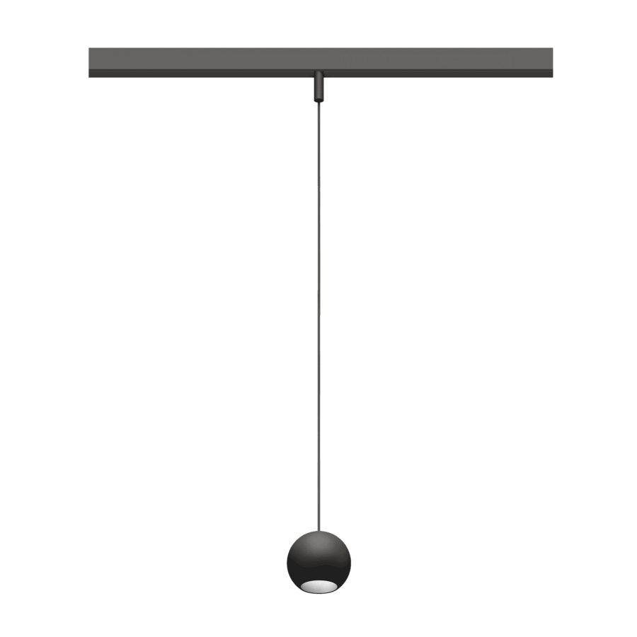 Eros XS PE 48V track pendant luminaire for Q4 48V mini track system, spherical design, black body, chrome reflector
