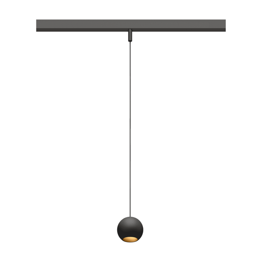 Eros XS PE 48V track pendant luminaire for Q4 48V mini track system, spherical design, black body, gold reflector