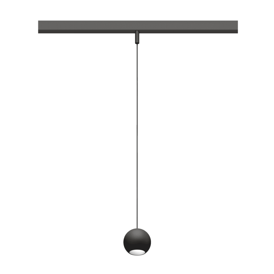 Eros XS PE 48V track pendant luminaire for Q4 48V mini track system, spherical design, black body, white reflector