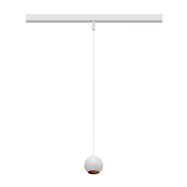 Eros XS PE 48V track pendant luminaire for Q4 48V mini track system, spherical design, white body, black glossy reflector