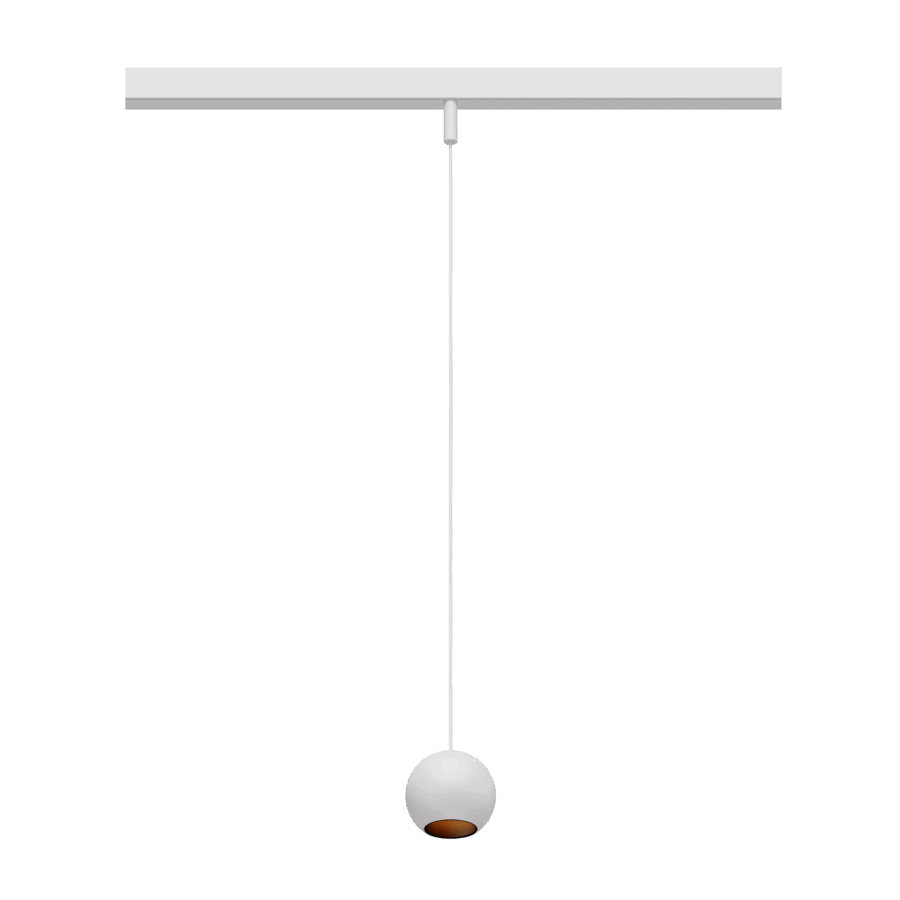 Eros XS PE 48V track pendant luminaire for Q4 48V mini track system, spherical design, white body, black glossy reflector