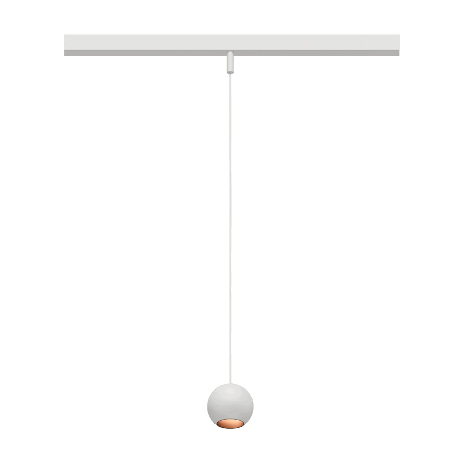 Eros XS PE 48V track pendant luminaire for Q4 48V mini track system, spherical design, white body, copper reflector
