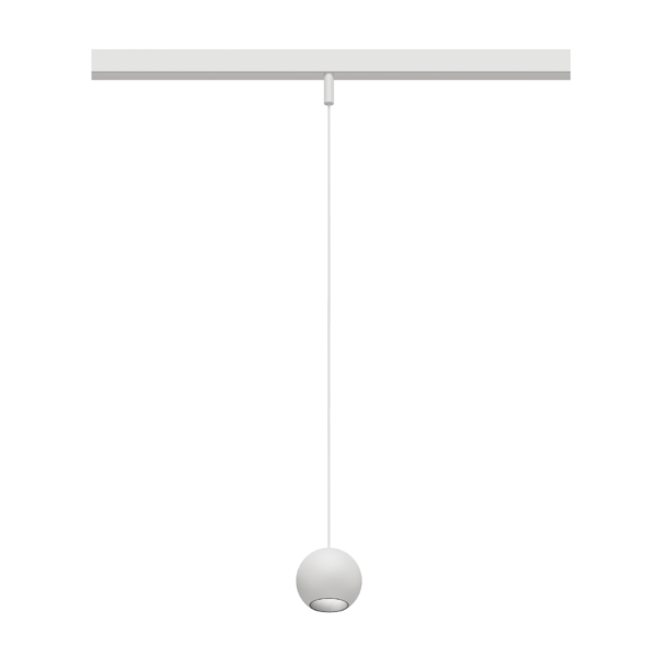 Eros XS PE 48V track pendant luminaire for Q4 48V mini track system, spherical design, white body, chrome reflector