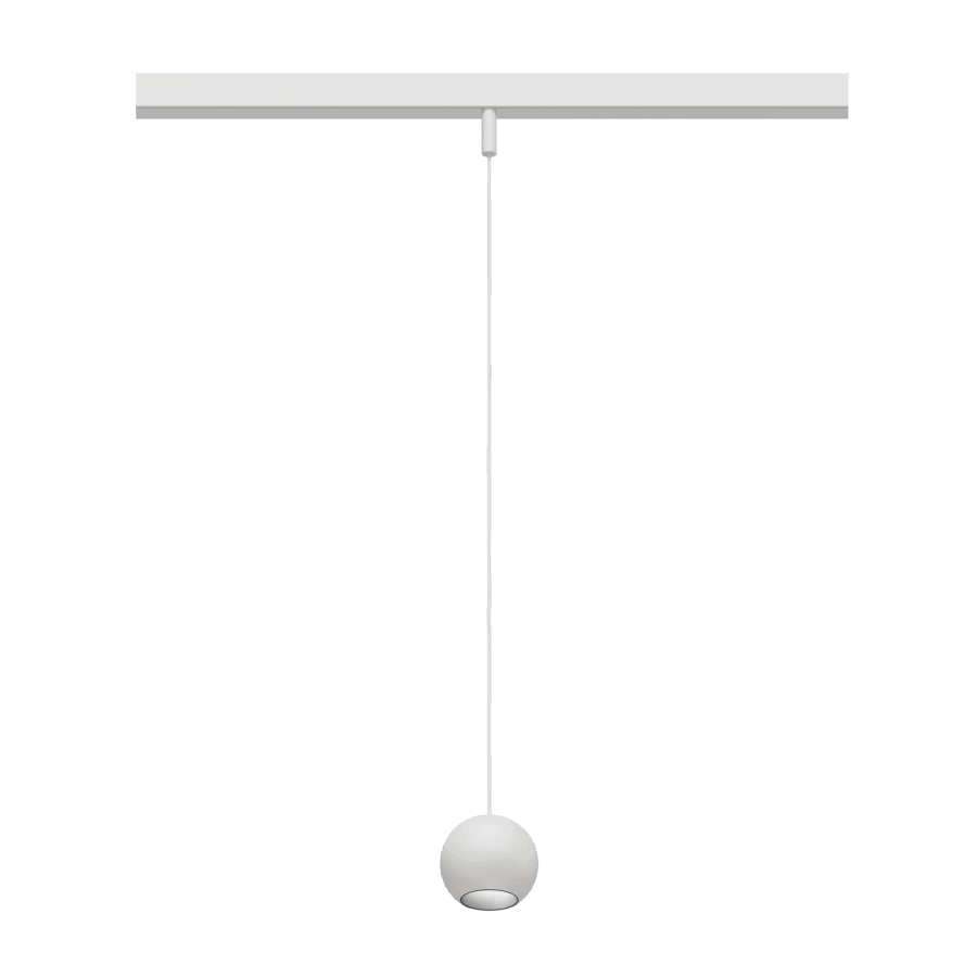 Eros XS PE 48V track pendant luminaire for Q4 48V mini track system, spherical design, white body, chrome reflector