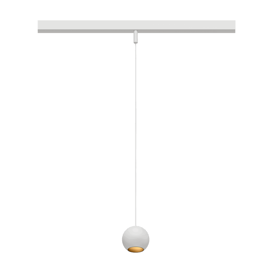 Eros XS PE 48V track pendant luminaire for Q4 48V mini track system, spherical design, white body, gold reflector